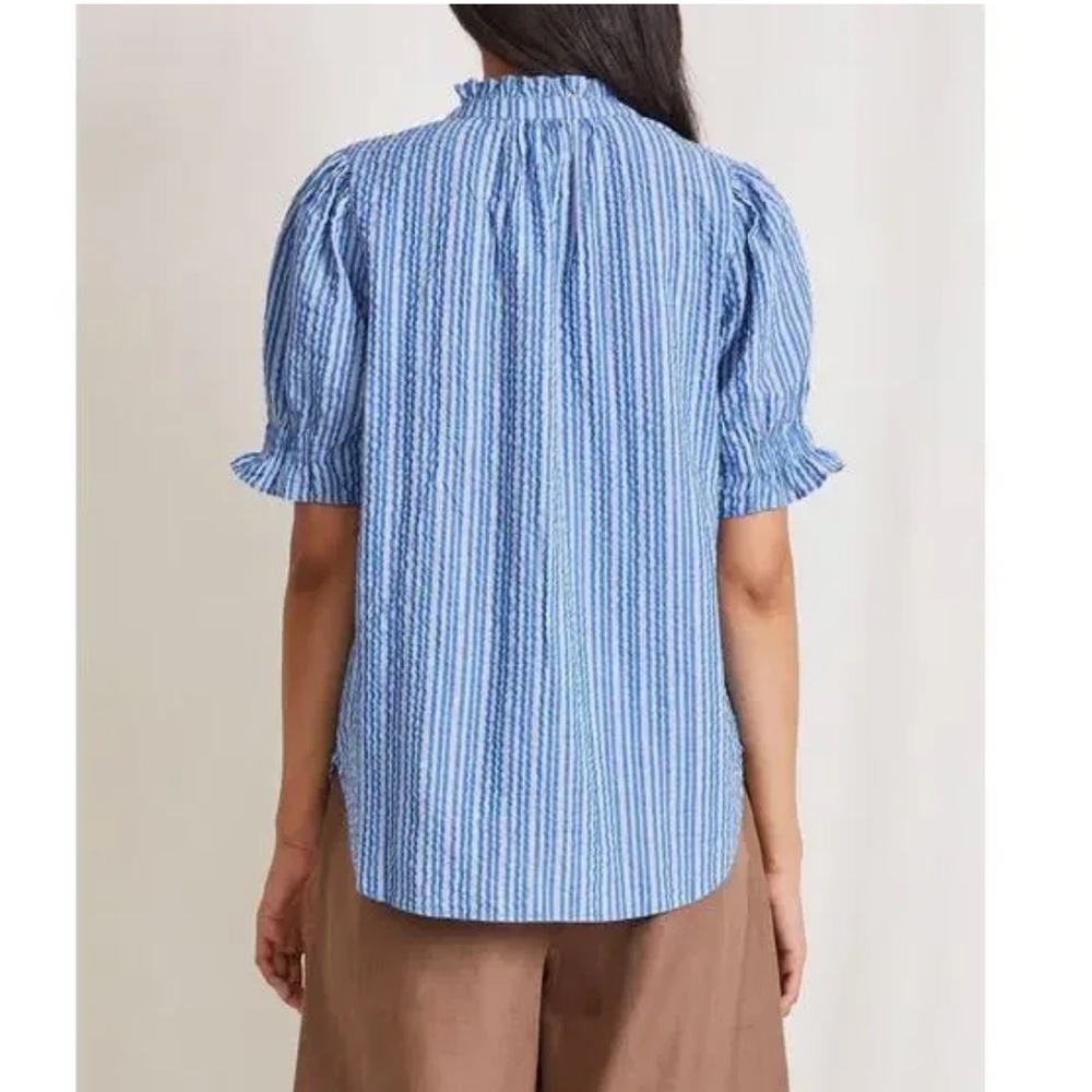 Apiece Apart Los Altos Top Blue Seersucker Stripe Puff Sleeve Henley - Picture 2 of 13
